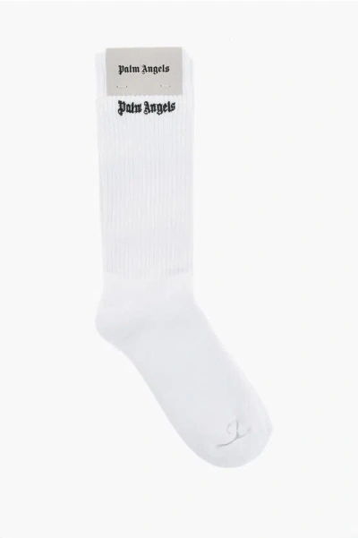 Palm Angels Embroidered Socks Classic Logo White Blac In Gray