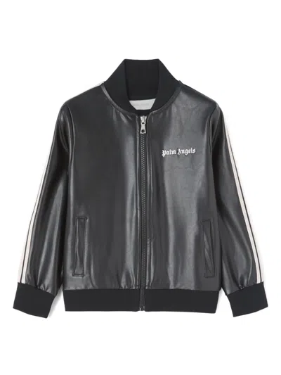 Palm Angels Kids' Girl's Faux Leather Logo-print Jacket In Black/off White