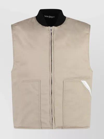 Palm Angels Field Vest Zippered Ribbed Neckline In Neutral