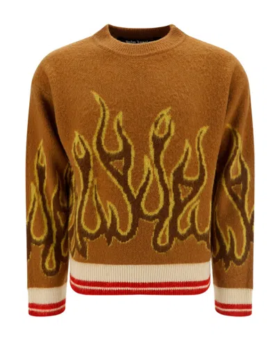 Palm Angels Flame Pattern Knitted Wool Sweater In Brown