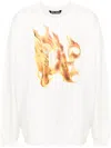 Palm Angels White Crewneck Sweatshirt With Burning Logo Print In Cotton Man