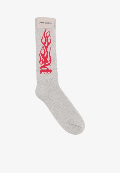 Palm Angels Flames Knit Socks In Gray