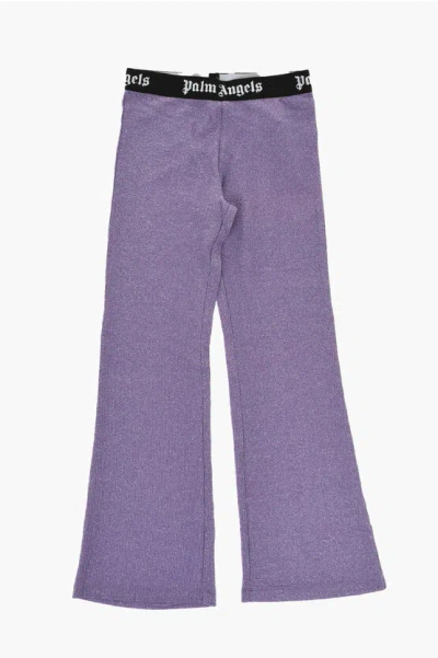 Palm Angels Flared Ribbed Lurex Pants With Logoed Elastic Band In Purple