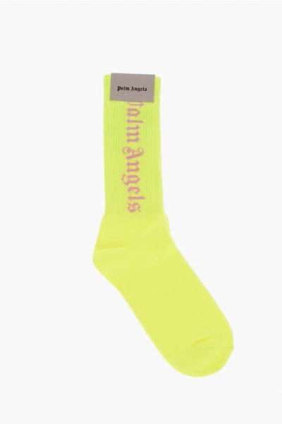 Palm Angels Fluo Long Socks With Embroidery Logo In Yellow