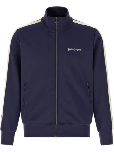 Palm Angels Front Zip Sweatshirt With Logo Print In Blue