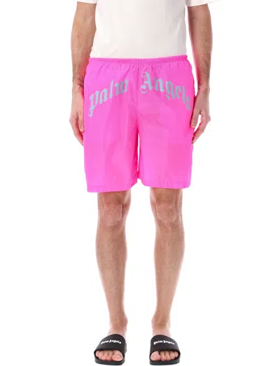 Palm Angels Fuchsia Curved Logo Swim Shorts In Pink