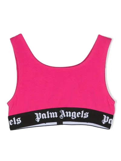 Palm Angels Kids' Fuchsia Top With Black Logo Band In Pink