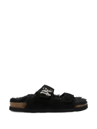 Palm Angels Fur Logo Sandals In Black