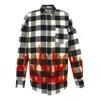 Palm Angels Man Black And White Check Cotton Overshirt With Burning Flames Print In Gray