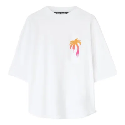 Palm Angels Man White Oversized T-shirt With Paint Effect Palm Logo In White Fuchsia