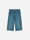 Palm Angels Lasered Curved Logo Denim Skater Bermuda In Blue