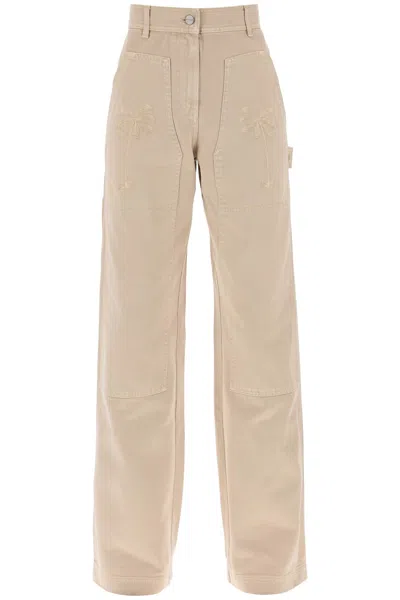 Palm Angels Gd Bull Cargo Pants With Embroidered Palm Trees In Beige