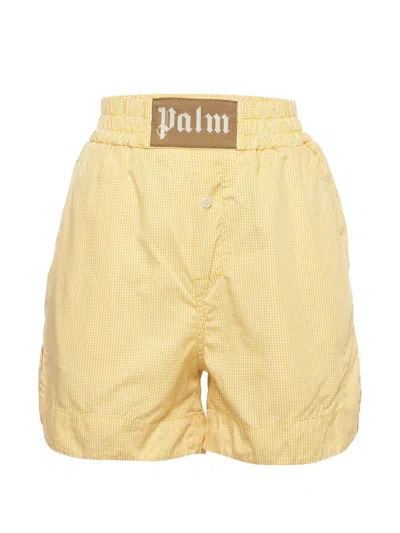 Pre-owned Palm Angels Gingham Logo-patch Shorts In Yellow