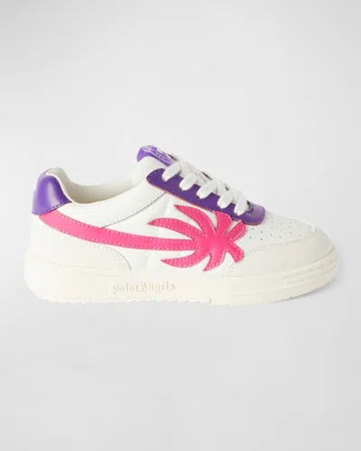 Palm Angels Girl's Palm Beach University Leather Sneakers, Toddler/kids In White/fuchsia