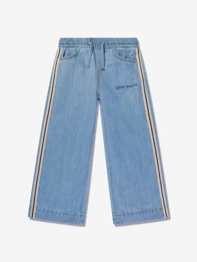 Palm Angels Kids' Girls Track Wide Leg Chambray Pants In Blue