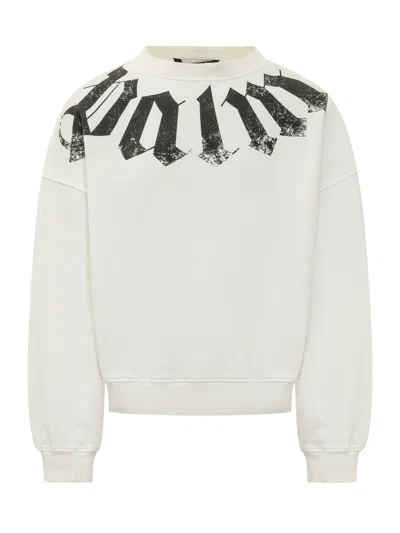 Palm Angels Giro Neck Mini Sweatshirt With Stamped Logo In Off White Black