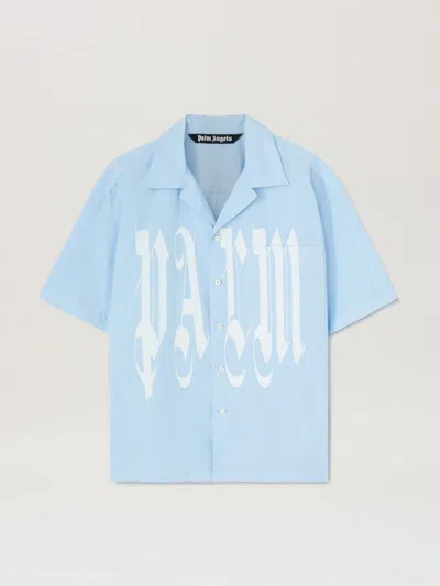 Palm Angels Gothic Logo Cotton Shirt In Blue