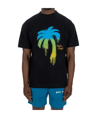 Palm Angels Crew-neck T-shirt With Spray Maxi Print In Black