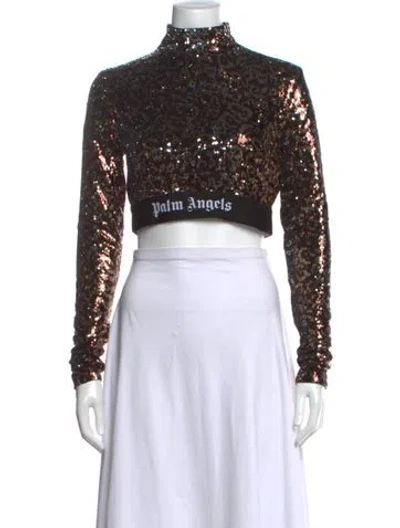 Pre-owned Palm Angels Graphic Print Mock Neck Crop Top In Black/metallic