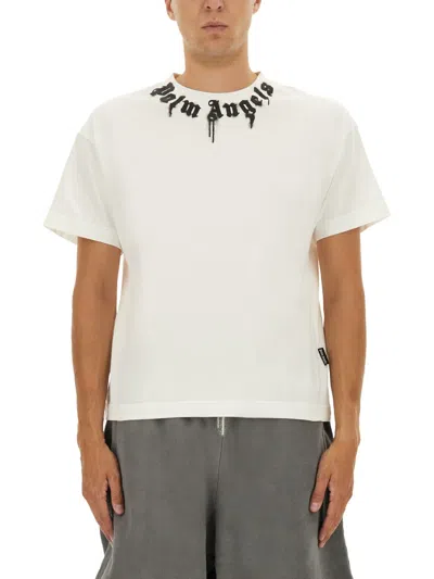Palm Angels Black Neck Logo Regular Cotton T-shirt In White