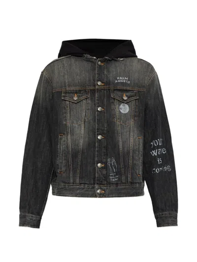 Palm Angels Graphic-print Hooded Denim Jacket In Gray