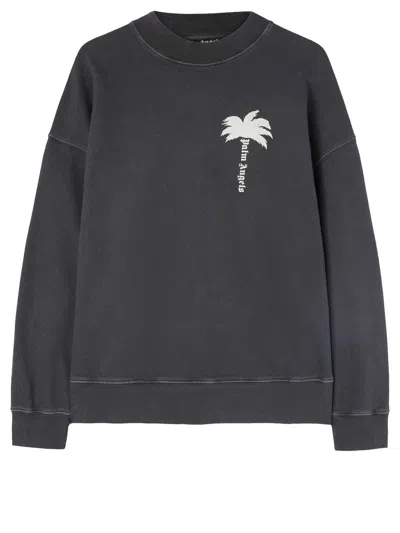 Palm Angels Gray Crewneck Sweatshirt With Logo And Side Application In Grey
