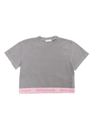 Palm Angels Kids' Gray Cropped T-shirt In Grey