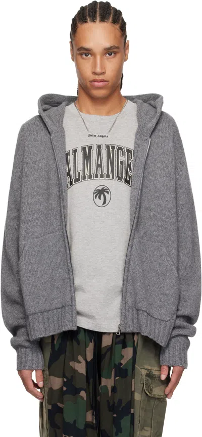 Palm Angels Gray Curved Logo Knit Hoodie In Grey Melange