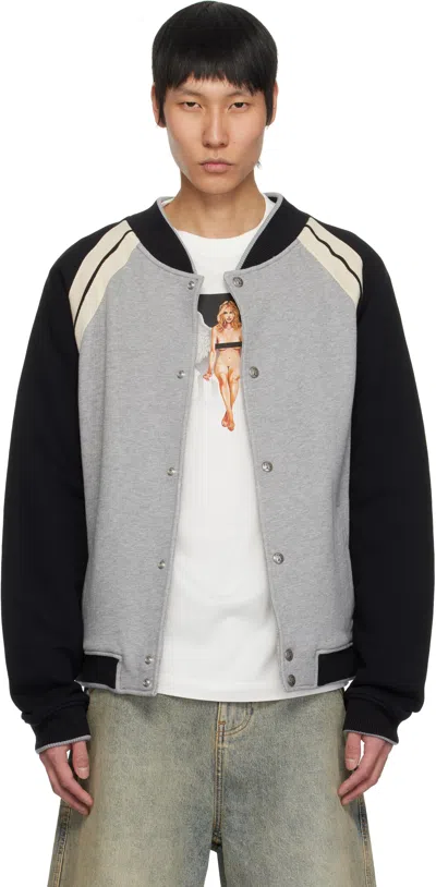 PALM ANGELS GRAY CURVED LOGO VARSITY BOMBER JACKET