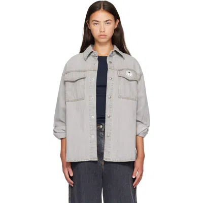 Palm Angels Gray Tree Logo Denim Shirt In Animal Print