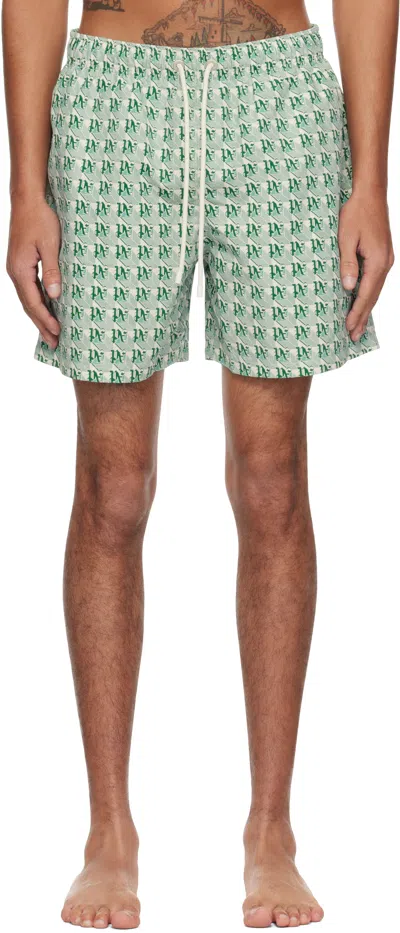 Palm Angels Green & Off-white 'pa' Diamond Swim Shorts In Green - Ivory