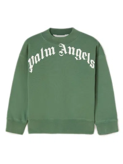 Palm Angels Kids' Green Crew Neck Sweatshirt With Curved Logo