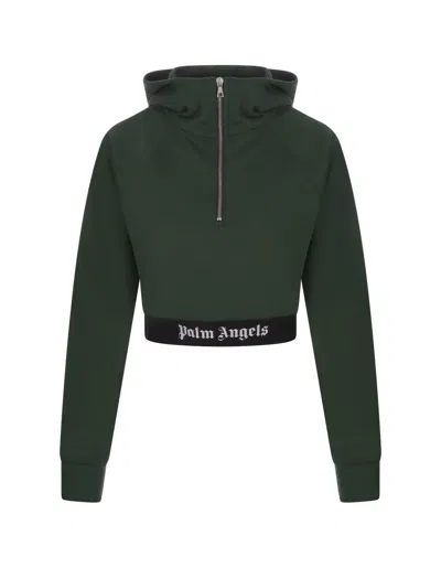 PALM ANGELS GREEN CROP ZIP-UP HOODIE WITH LOGO BAND