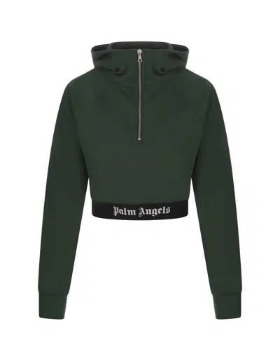 Palm Angels Green Crop Zip-up Hoodie With Logo Band