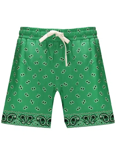 Palm Angels Green Paisley-print Shorts In Viscose Man