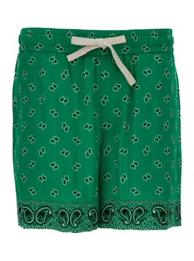 Palm Angels Green Paisley-print Shorts In Viscose Man