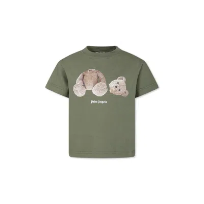Palm Angels Kids' Green T-shirt For Boy With Bear