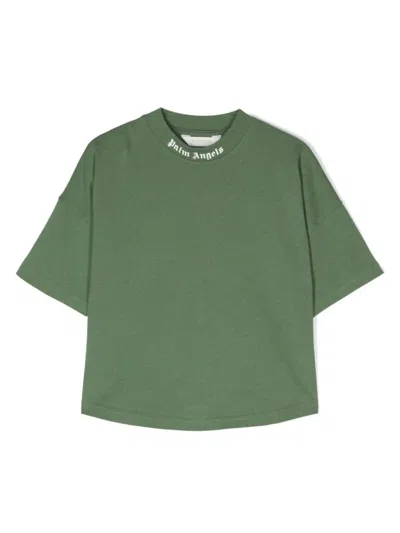 Palm Angels Kids' Green T-shirt With Classic Logo