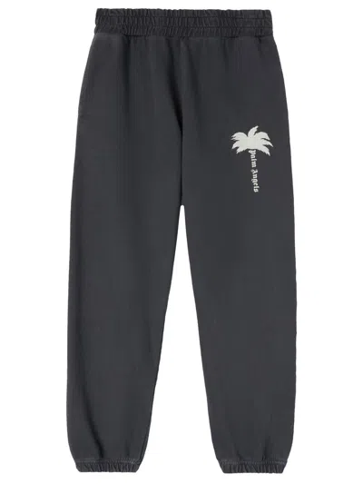 Palm Angels Grey Cotton Fleece Joggers With Printed Logo And Stretch Waistband For Men In Gray