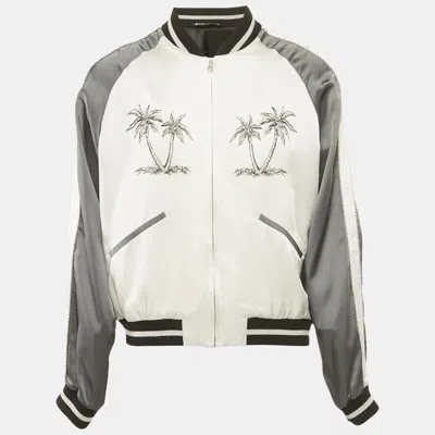 Pre-owned Palm Angels Grey Palm Embroidered Satin Zip-up Bomber Jacket L In Gray