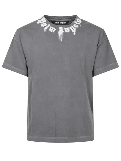 PALM ANGELS GREY SHORT-SLEEVED T-SHIRT WITH ARTISTIC LOGO DETAIL