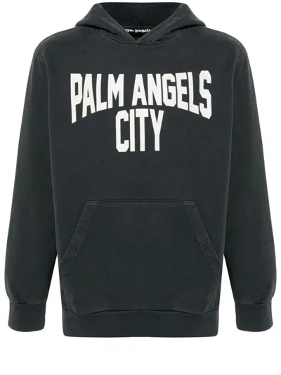 Palm Angels Grey Washed Cotton Hoodie With City Logo Print