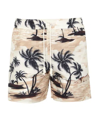 Palm Angels Hawaiian Dream Drawstring Swim Shorts In Beige Black