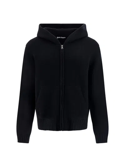 Palm Angels Hooded Cardigan In Nero/bianco