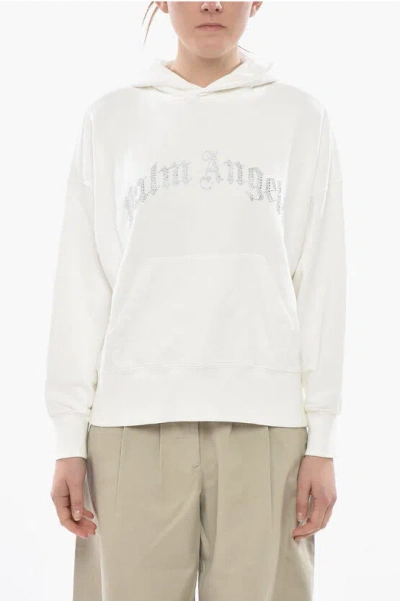 Palm Angels Hooded Sweatshirt Curved Logo, Cotton With Crystals In White