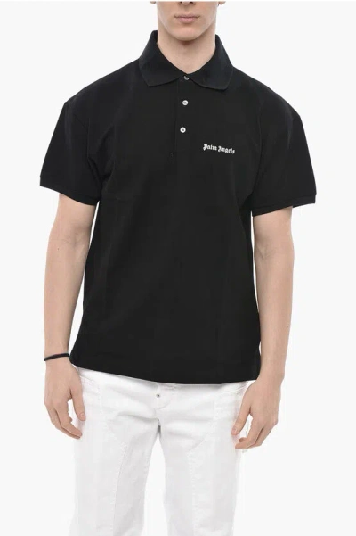 Palm Angels Hopsack Cotton Polo With Embroidered Logo In Black