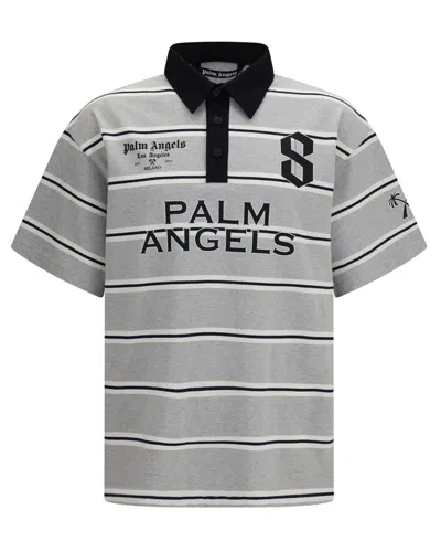 Palm Angels Horizontal Stripe Polo Shirt With Button Placket In Gray