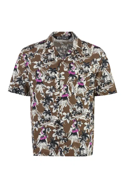 Palm Angels Printed Short Sleeved Shirt In Brown