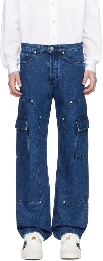 Palm Angels Indigo Monogram Workwear Jeans In Indigo Blu