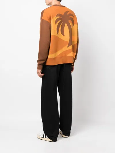 Palm Angels Intarsia Palm Crew Neck Jumper In Braun